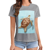 Grey women's t-shirt with sea turtle graphic print, summer fashion, crewneck tee