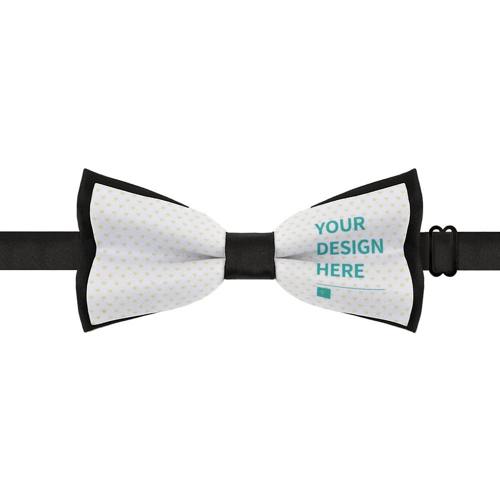 Custom polyester bow tie, adjustable, with 'YOUR DESIGN HERE' design, suitable for formal & casual occasions.