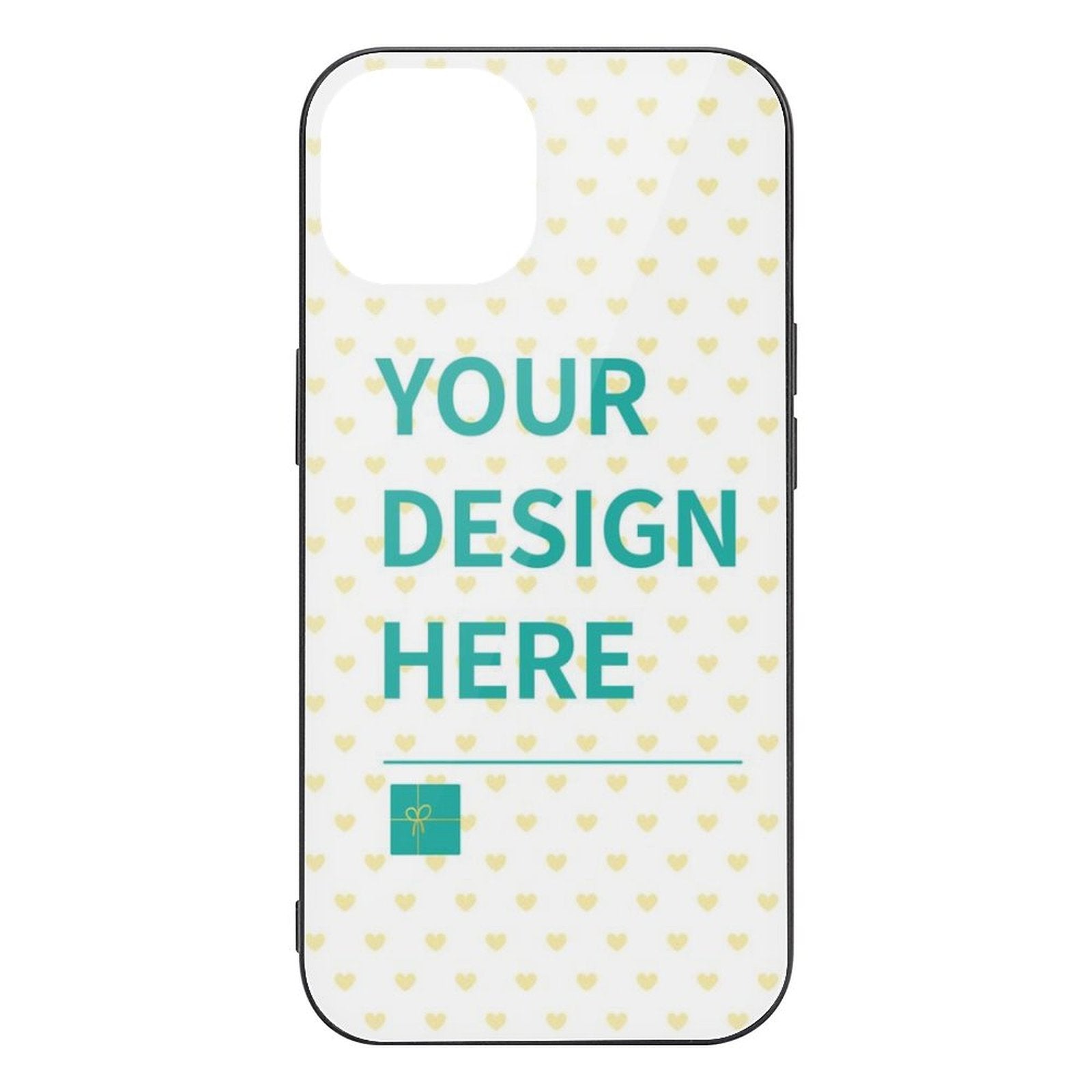 Customizable iPhone 14 case with heart pattern, text 'YOUR DESIGN HERE' - MyArtsyGift.com