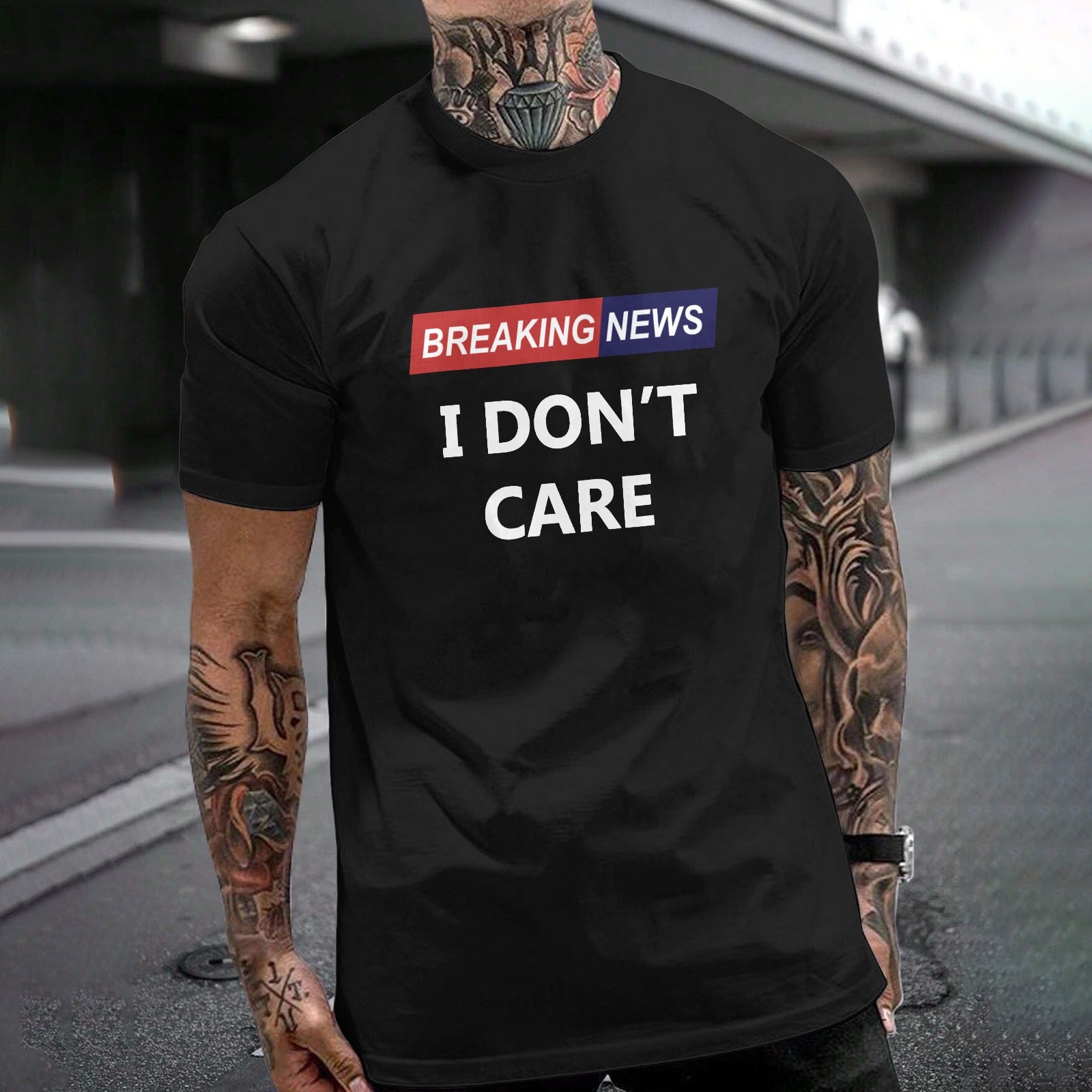 Black cotton Gildan Unisex T-shirt with "Breaking News I Don't Care" print, customizable clothing.