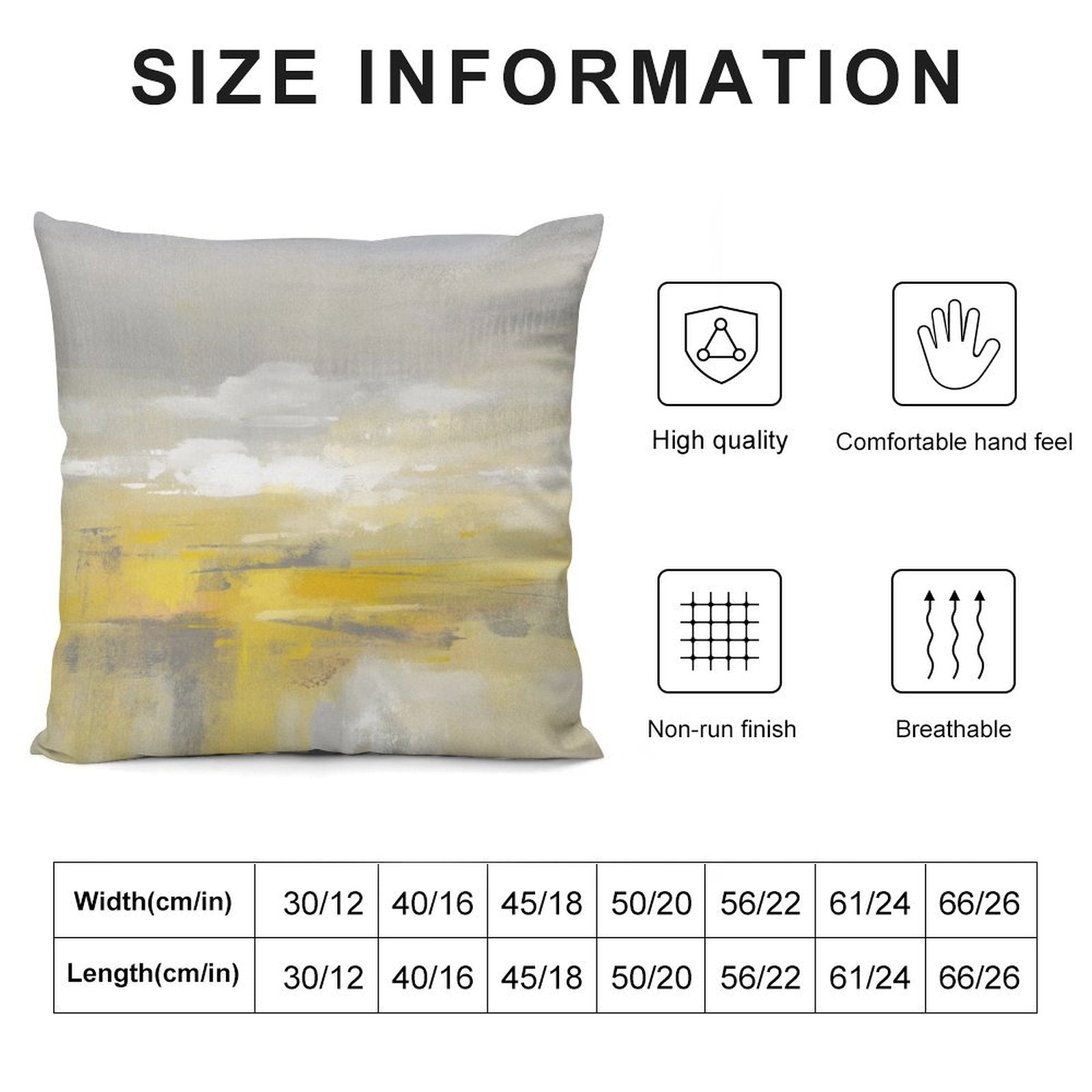 Plush Throw Pillow Cover with Abstract Landscape Art, size chart, and high-quality features.