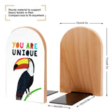 Wooden bookends with toucan design and metal base, perfect for the library, office or school.