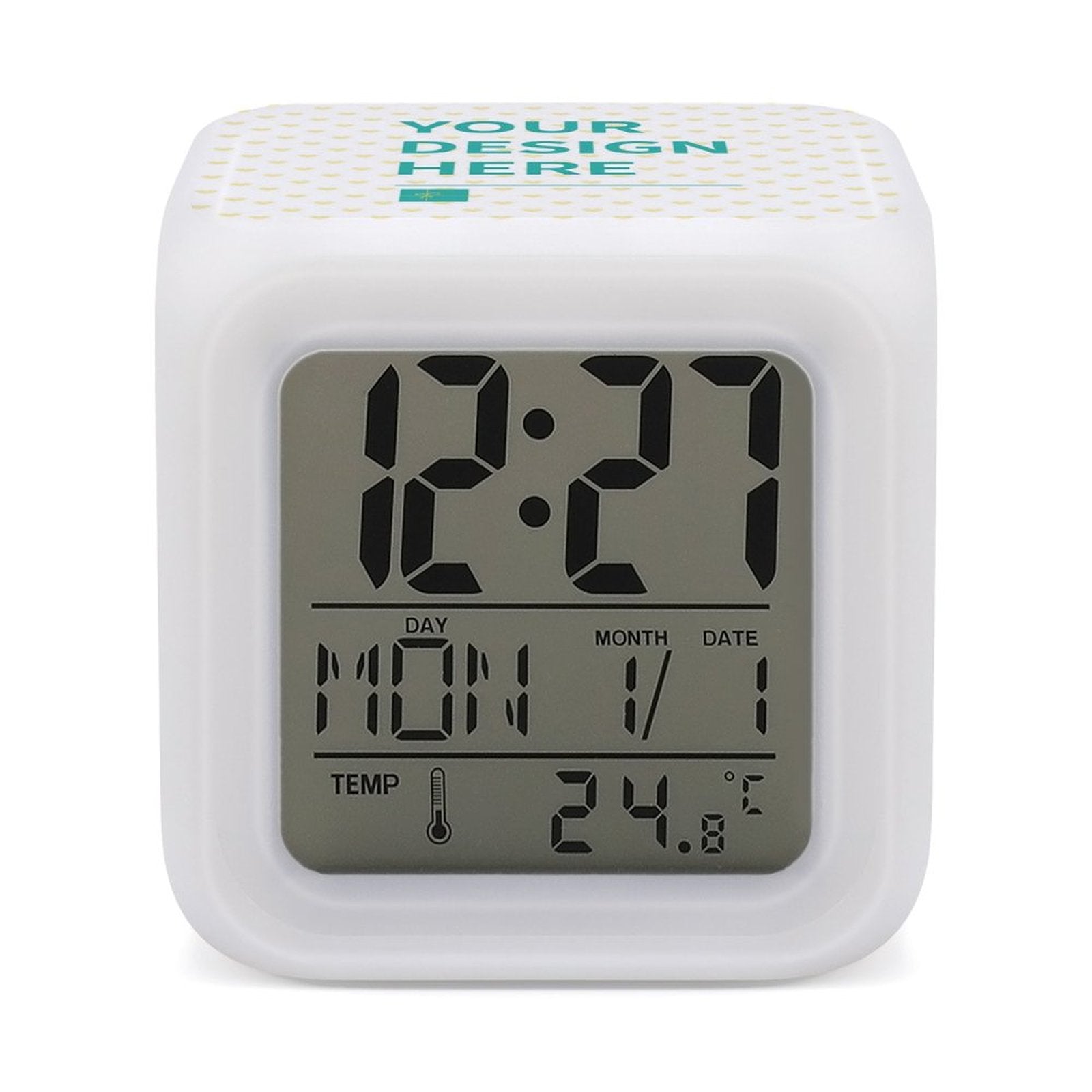 Custom Digital Alarm Clock for Bedroom, White plastic cube with digital display showing time, date and temperature.