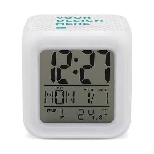 Custom Digital Alarm Clock for Bedroom, White plastic cube with digital display showing time, date and temperature.