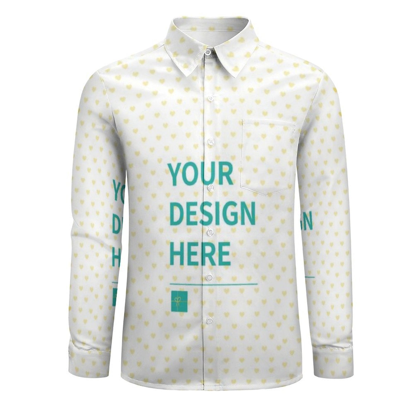 Personalized long sleeve shirt for men. White with yellow heart pattern. 'YOUR DESIGN HERE' custom print.