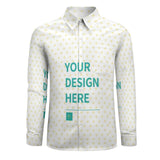 Personalized long sleeve shirt for men. White with yellow heart pattern. 'YOUR DESIGN HERE' custom print.