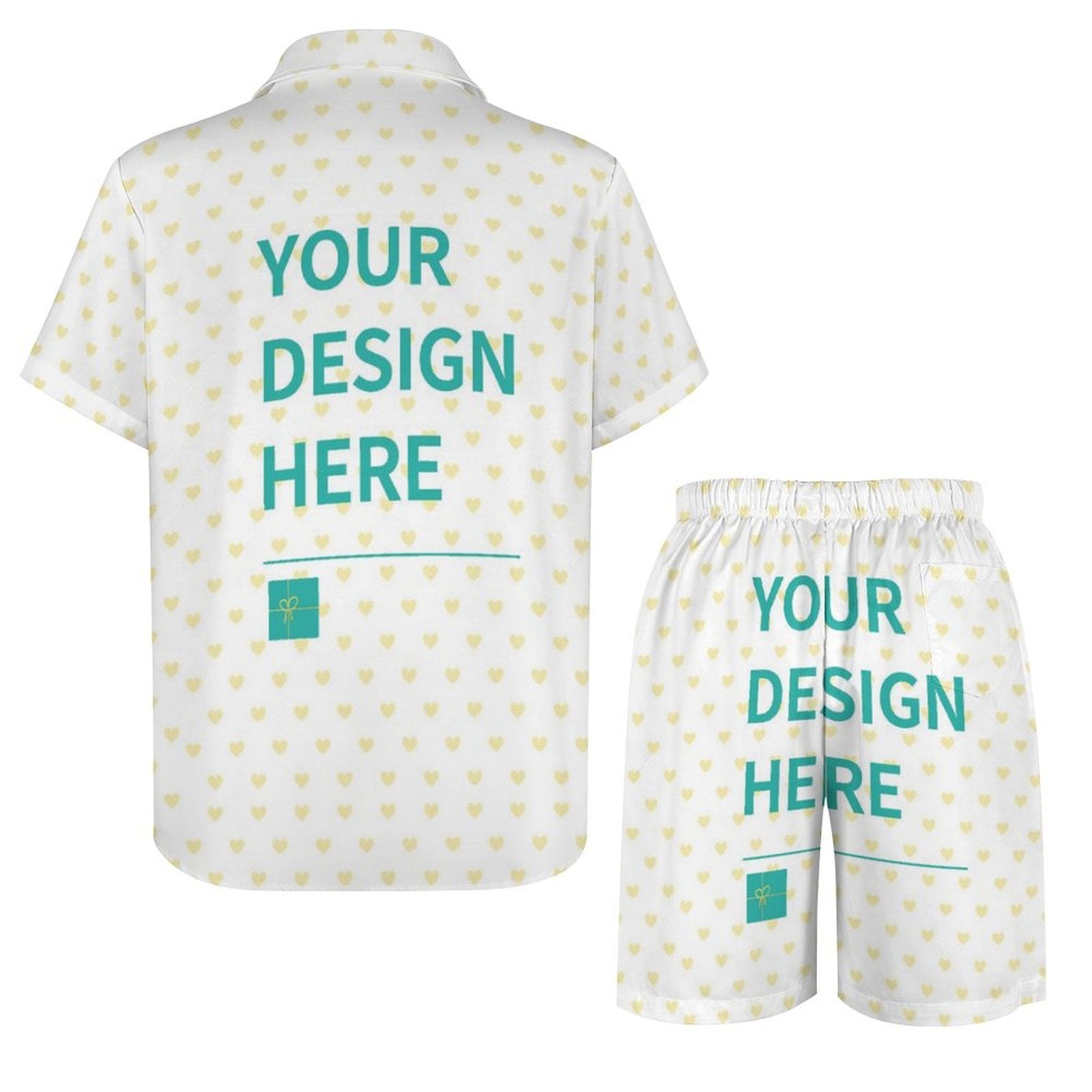 Customizable white men's shirt set with heart pattern, personalized with 'YOUR DESIGN HERE' for a unique gift.
