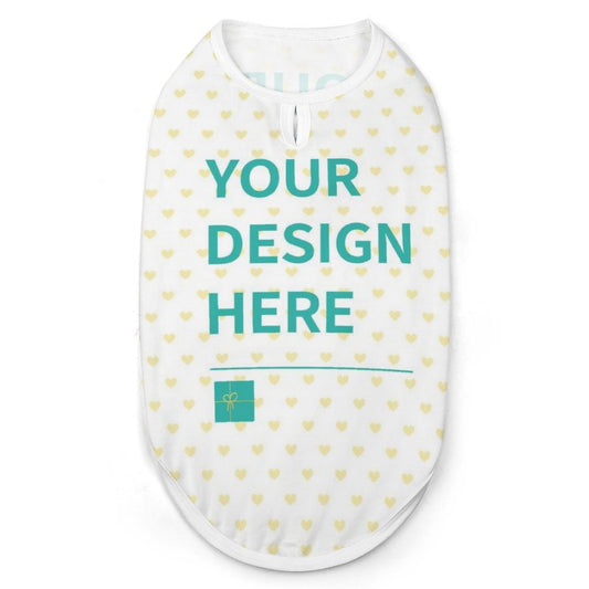 Customizable dog bandana with 'YOUR DESIGN HERE' and heart pattern, made of cotton-like fabric.