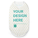 Customizable dog bandana with 'YOUR DESIGN HERE' and heart pattern, made of cotton-like fabric.