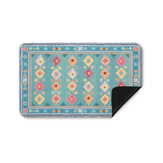 Colorful My Life Entrance Door Mat. Featuring a teal background with diamond patterns, suitable for indoor or outdoor use.