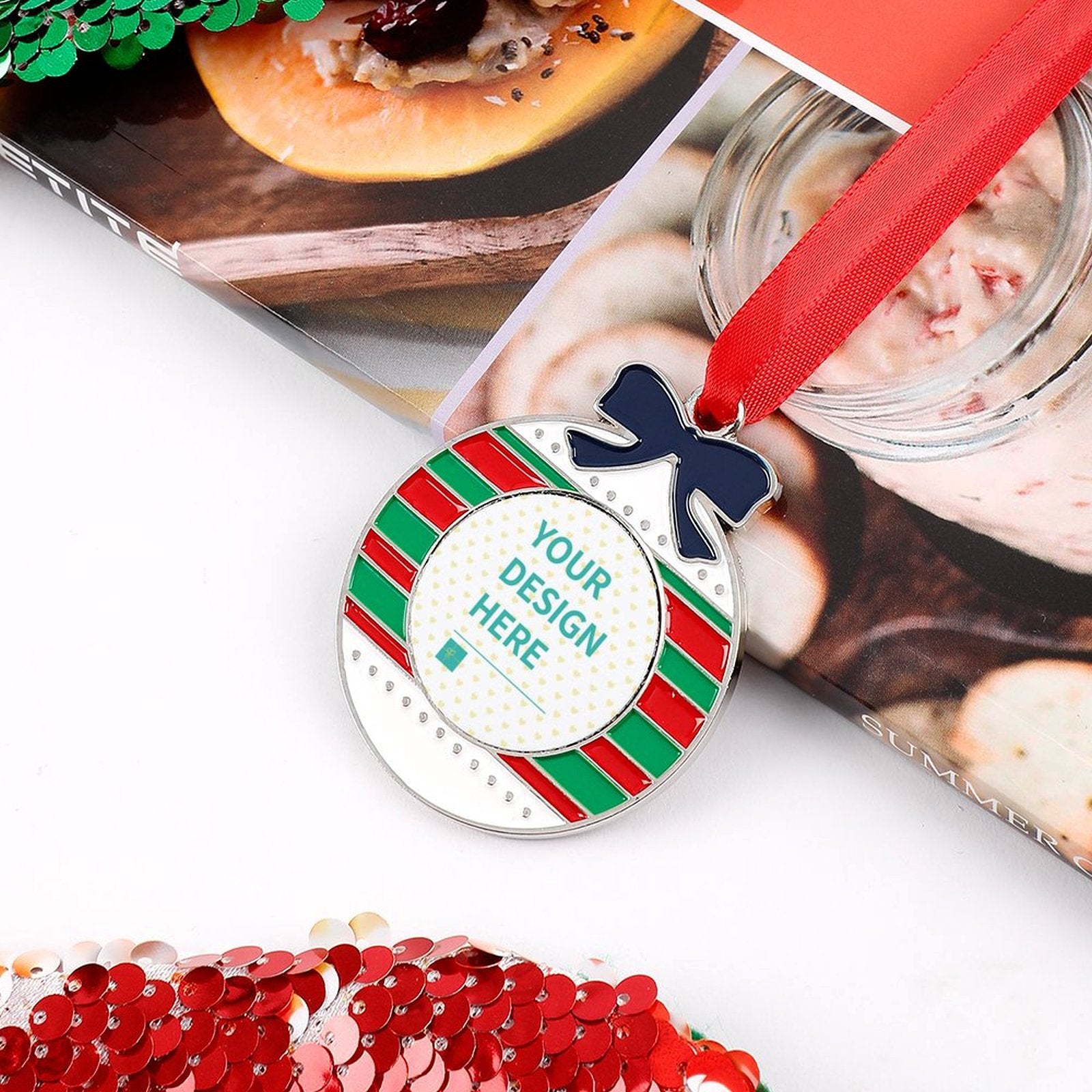 Customizable Christmas ornament with red, green stripes, and YOUR DESIGN HERE text for Xmas tree decoration.