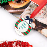Customizable Christmas ornament with red, green stripes, and YOUR DESIGN HERE text for Xmas tree decoration.