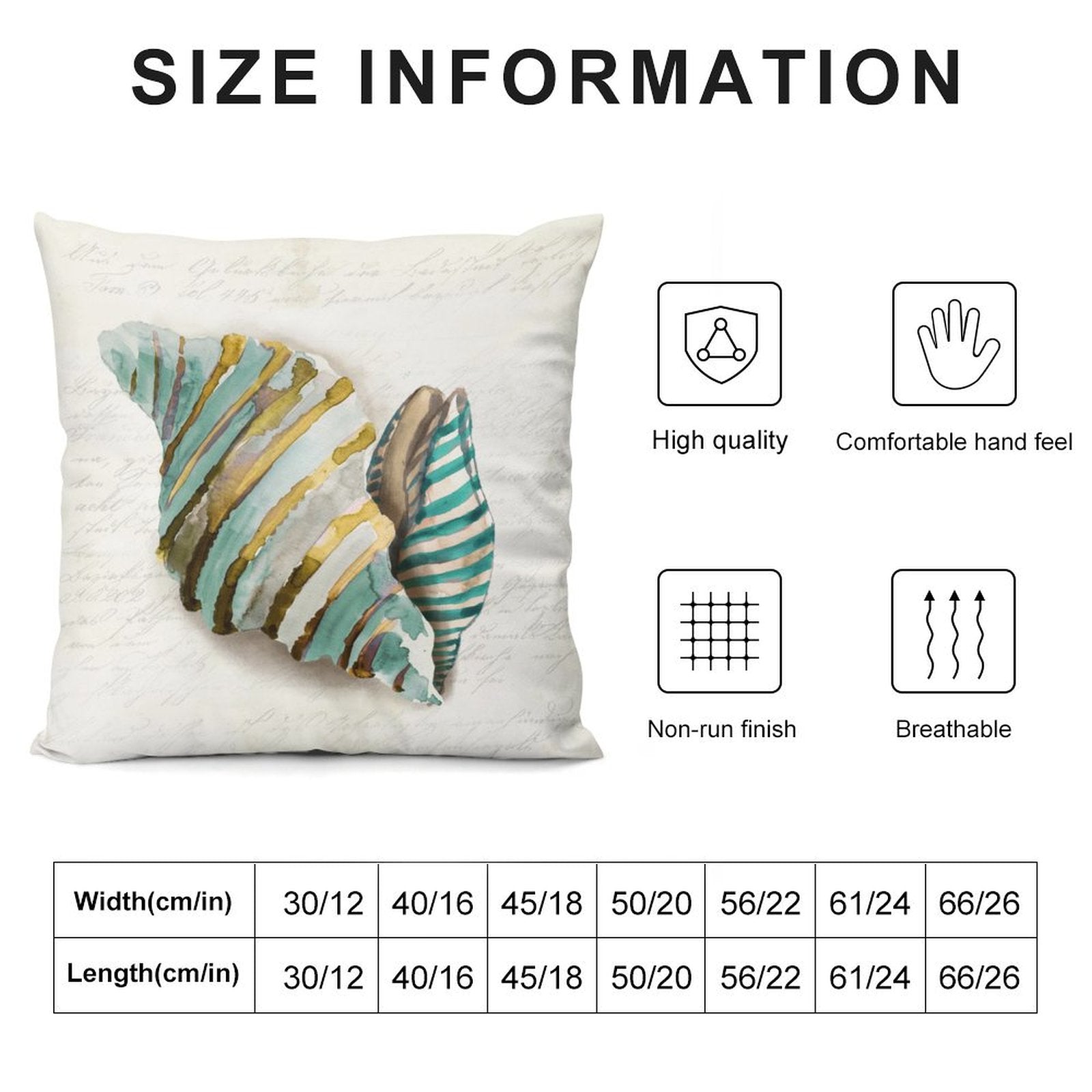 Seashell decorative pillow cover, teal and gold. Soft, fluffy throw pillow with size chart and quality icons.