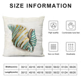 Seashell decorative pillow cover, teal and gold. Soft, fluffy throw pillow with size chart and quality icons.