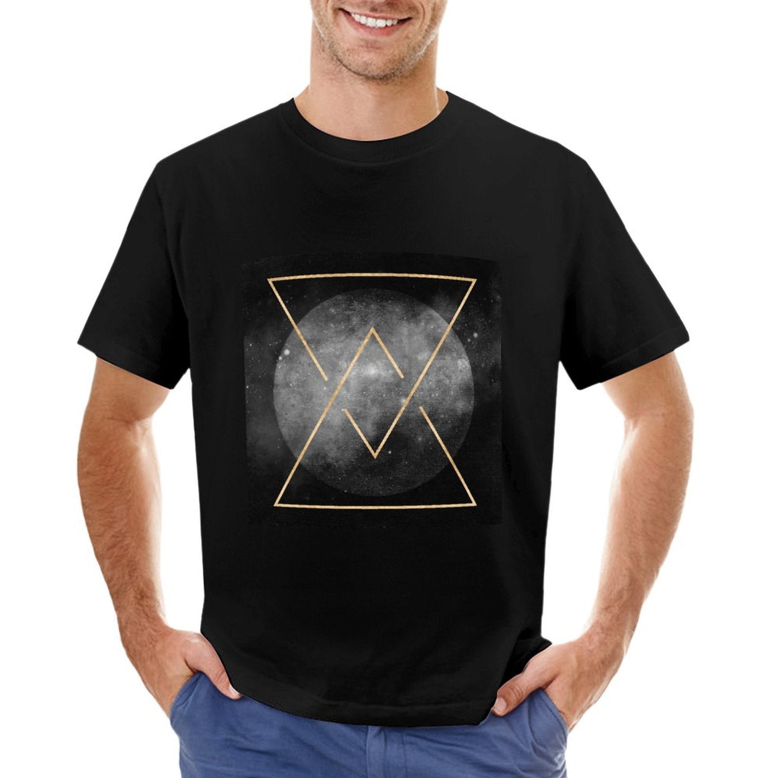 Black men's t-shirt with gold geometric art print, crew neck classic tee, MyArtsyGift