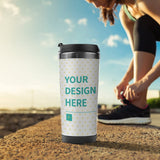 Personalized stainless steel travel mug with 'YOUR DESIGN HERE' design, perfect for travel and custom gifts.