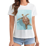 Women's white crewneck t-shirt with sea turtle graphic print, summer casual wear