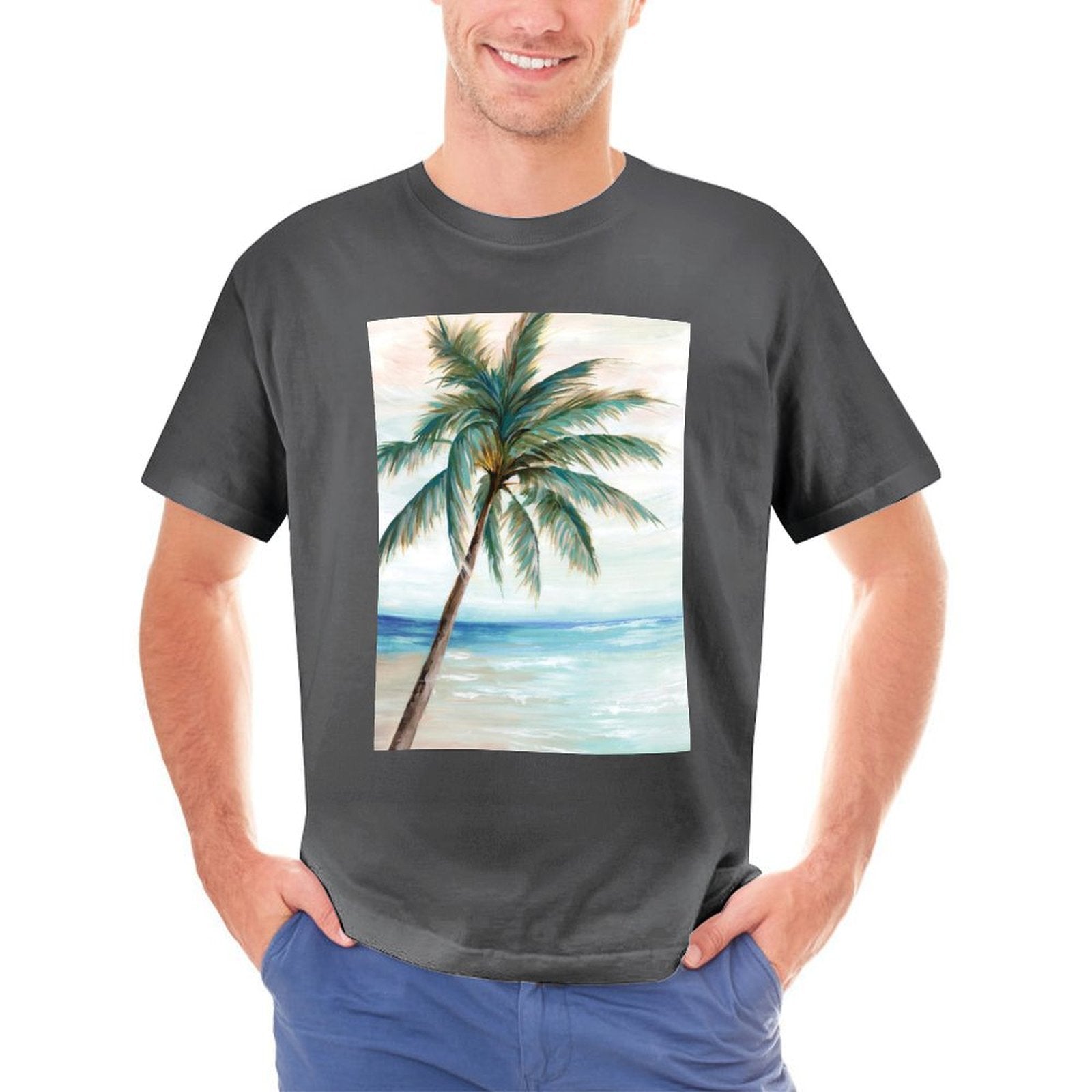 Men's charcoal crew neck graphic t-shirt with a palm tree beach art print, perfect for casual wear.