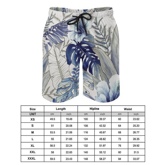 Men's Hawaiian swim trunks with blue floral print, quick-dry recycled polyester board shorts