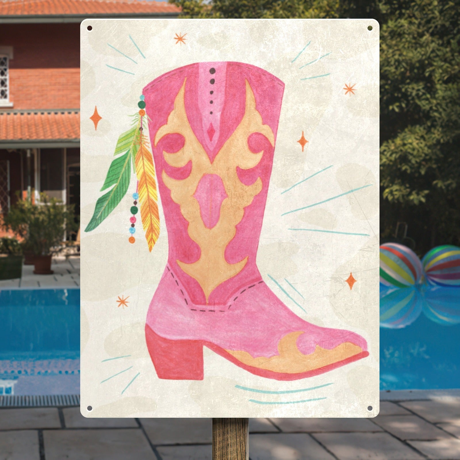 Pink cowgirl boot tin sign for home decor, vintage design, made in USA, wall art.