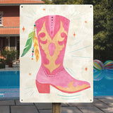 Pink cowgirl boot tin sign for home decor, vintage design, made in USA, wall art.