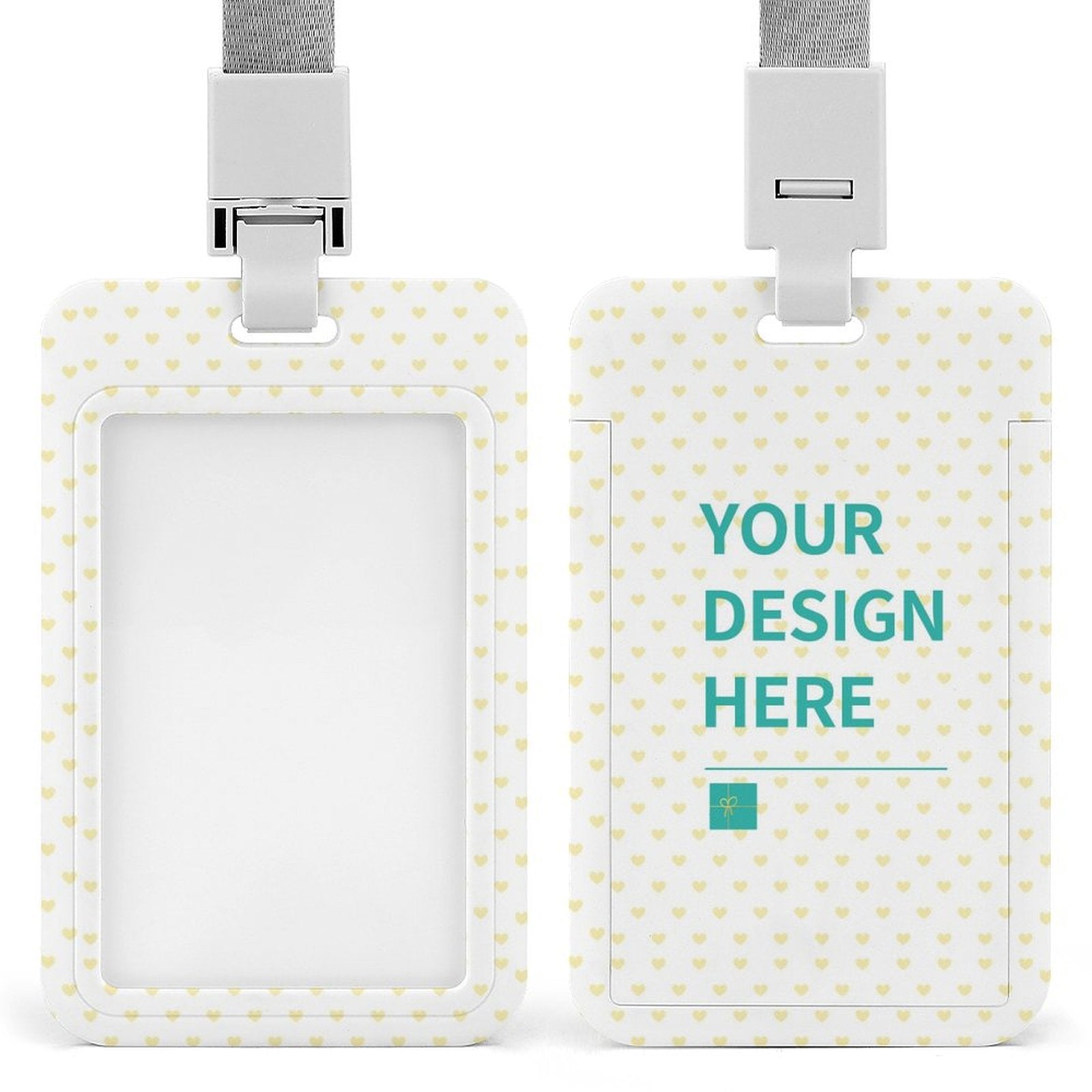 Personalized ID badge holder lanyard, white plastic, yellow heart pattern, "YOUR DESIGN HERE" design.