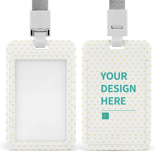 Personalized ID badge holder lanyard, white plastic, yellow heart pattern, "YOUR DESIGN HERE" design.