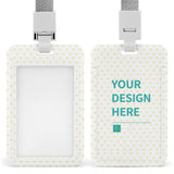 Personalized ID badge holder lanyard, white plastic, yellow heart pattern, "YOUR DESIGN HERE" design.