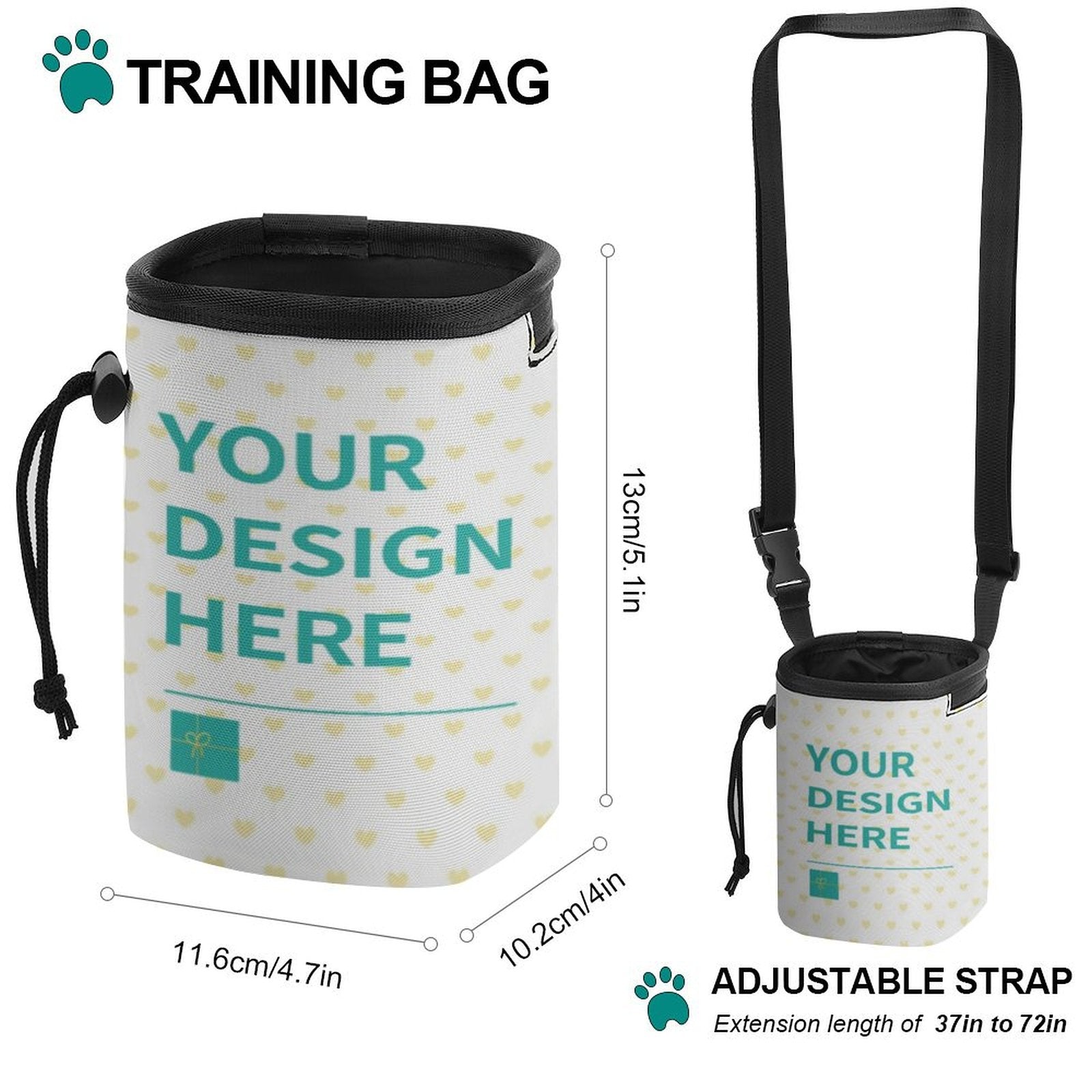 Customizable dog training bag, Oxford cloth, 'Your Design Here' option, with adjustable strap for pet training.