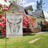 Welcome garden flag with bull skull and feather design, farmhouse decor for yard.