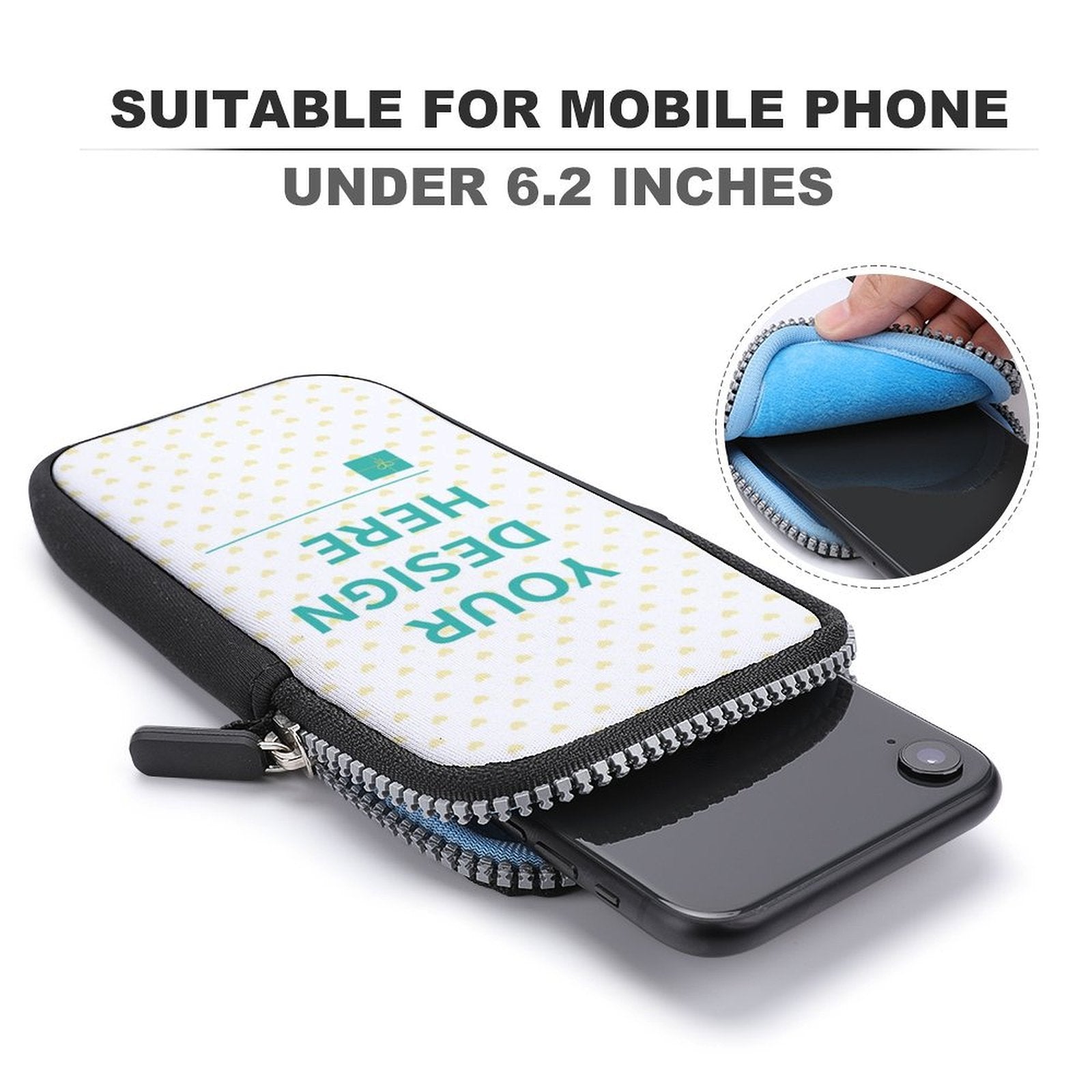 Customizable crossbody phone bag with 'YOUR DESIGN HERE'. Mini shoulder bag, neoprene material, fits phones under 6.2 inches.