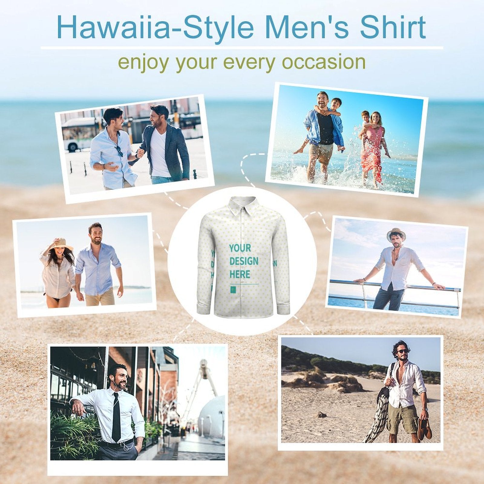 Men's custom long sleeve shirt design with "YOUR DESIGN HERE". Hawaiia-Style casual shirt for personalization.