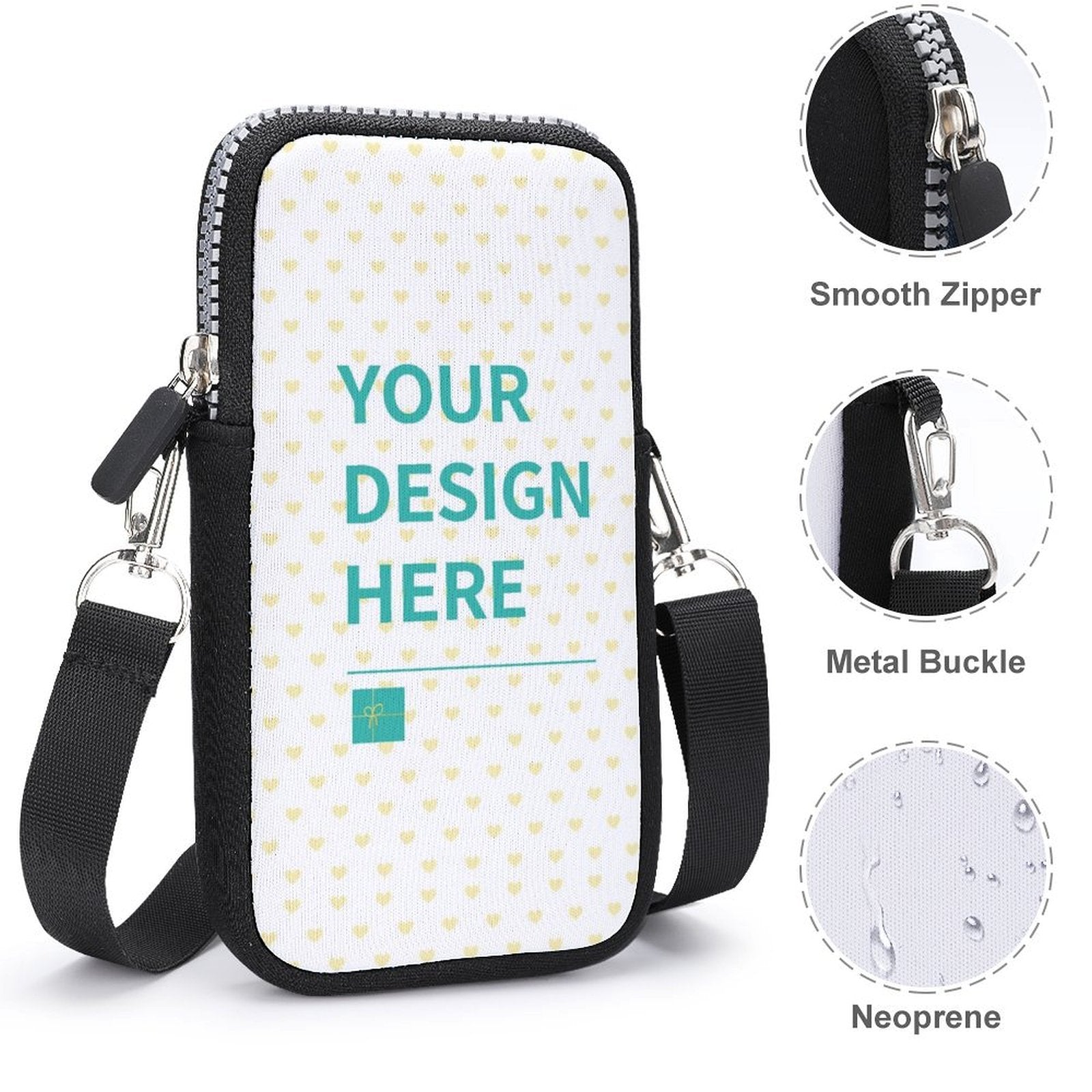 Customizable neoprene crossbody phone bag with 'YOUR DESIGN HERE', mini shoulder bag, cell phone purse.