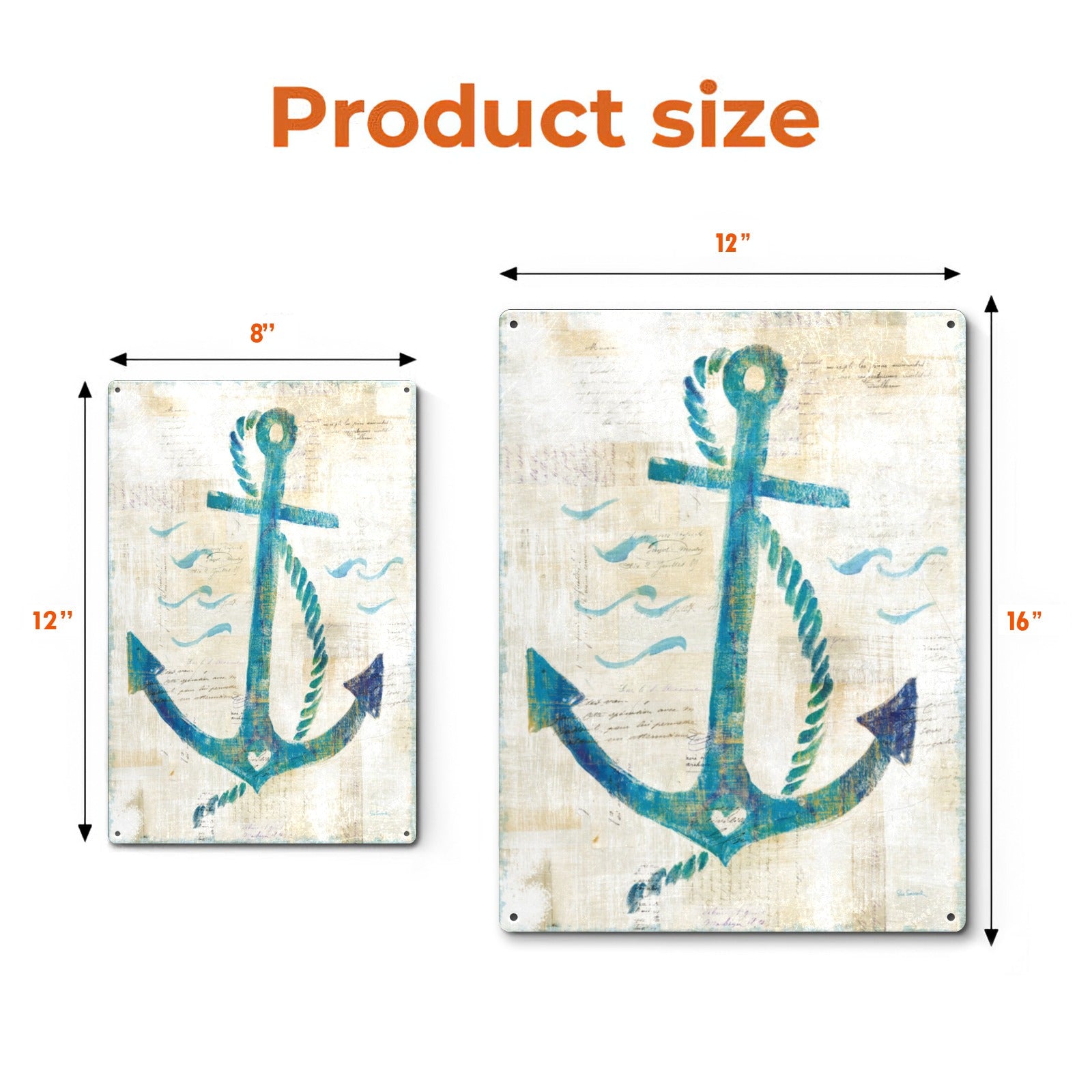 Anchor tin sign for home decor, product size comparison. Vintage turquoise design, 12x16 and 8x12 sizes.