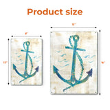 Anchor tin sign for home decor, product size comparison. Vintage turquoise design, 12x16 and 8x12 sizes.
