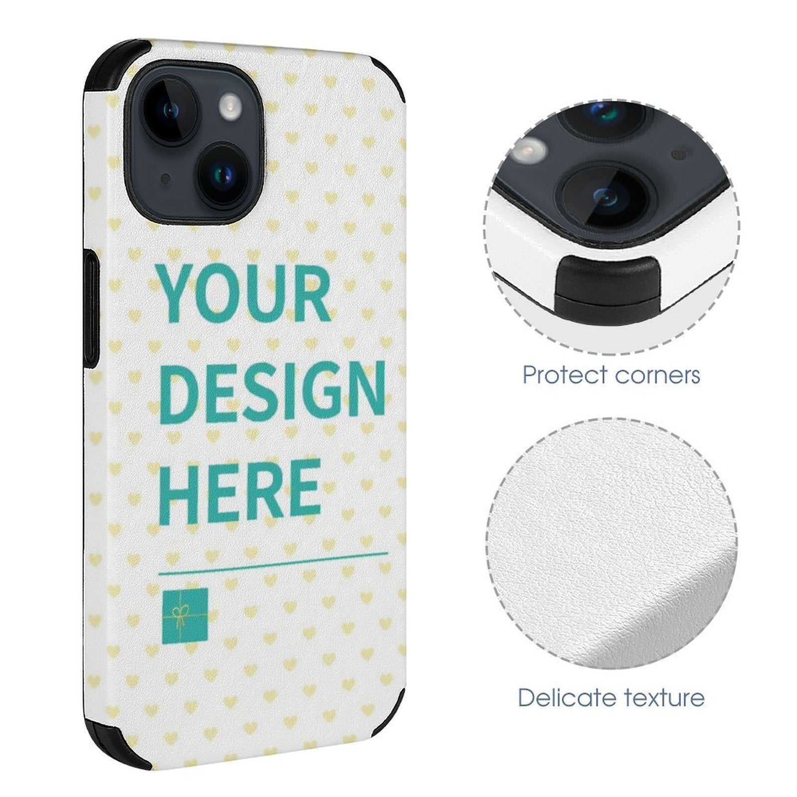Custom iPhone 14 Case with 'YOUR DESIGN HERE' design, Fiber Leather, anti-scratch, with heart pattern.