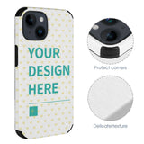 Custom iPhone 14 Case with 'YOUR DESIGN HERE' design, Fiber Leather, anti-scratch, with heart pattern.