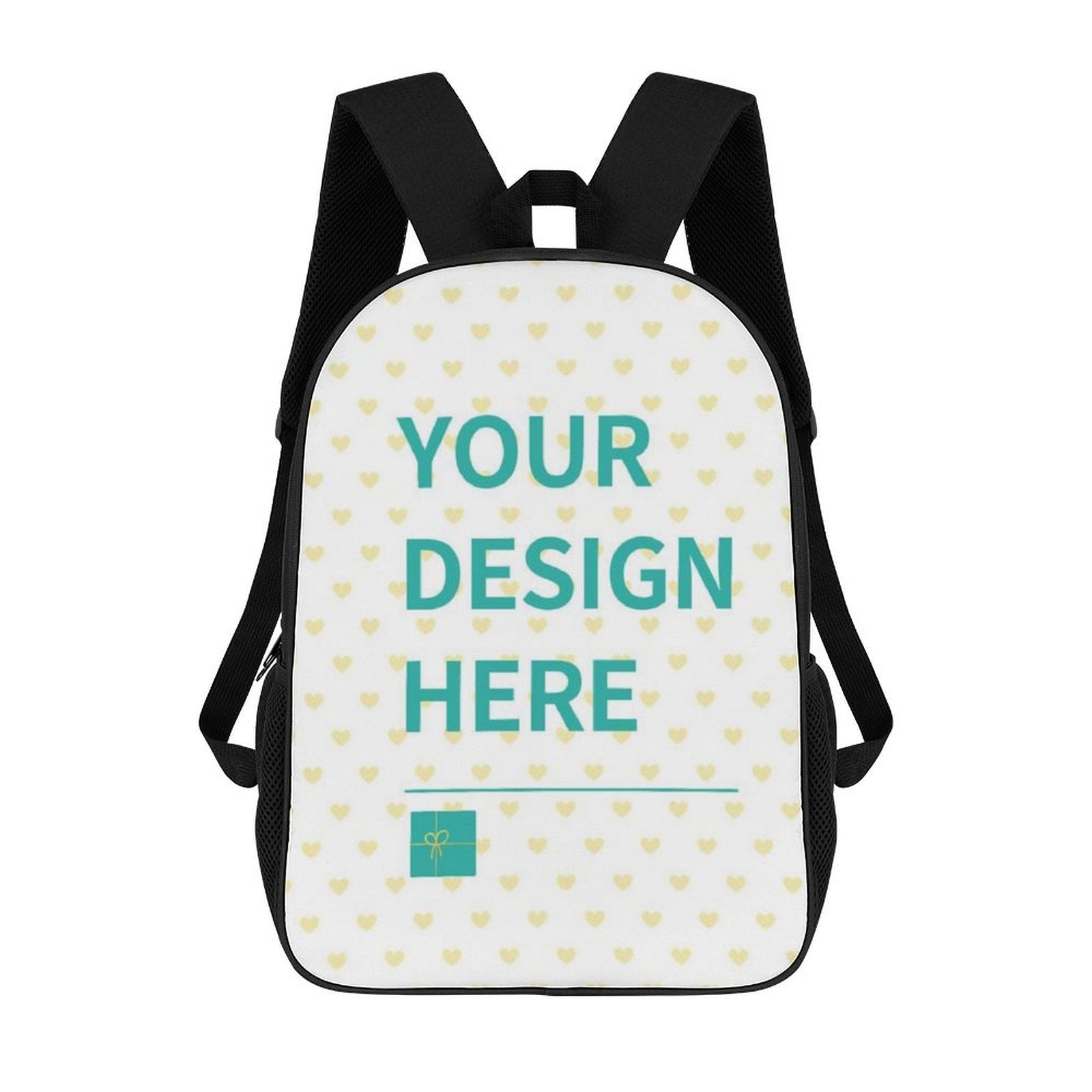Customizable backpack with teal text "YOUR DESIGN HERE", suitable for boys and girls, crafted with durable polyester.