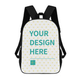 Customizable backpack with teal text "YOUR DESIGN HERE", suitable for boys and girls, crafted with durable polyester.