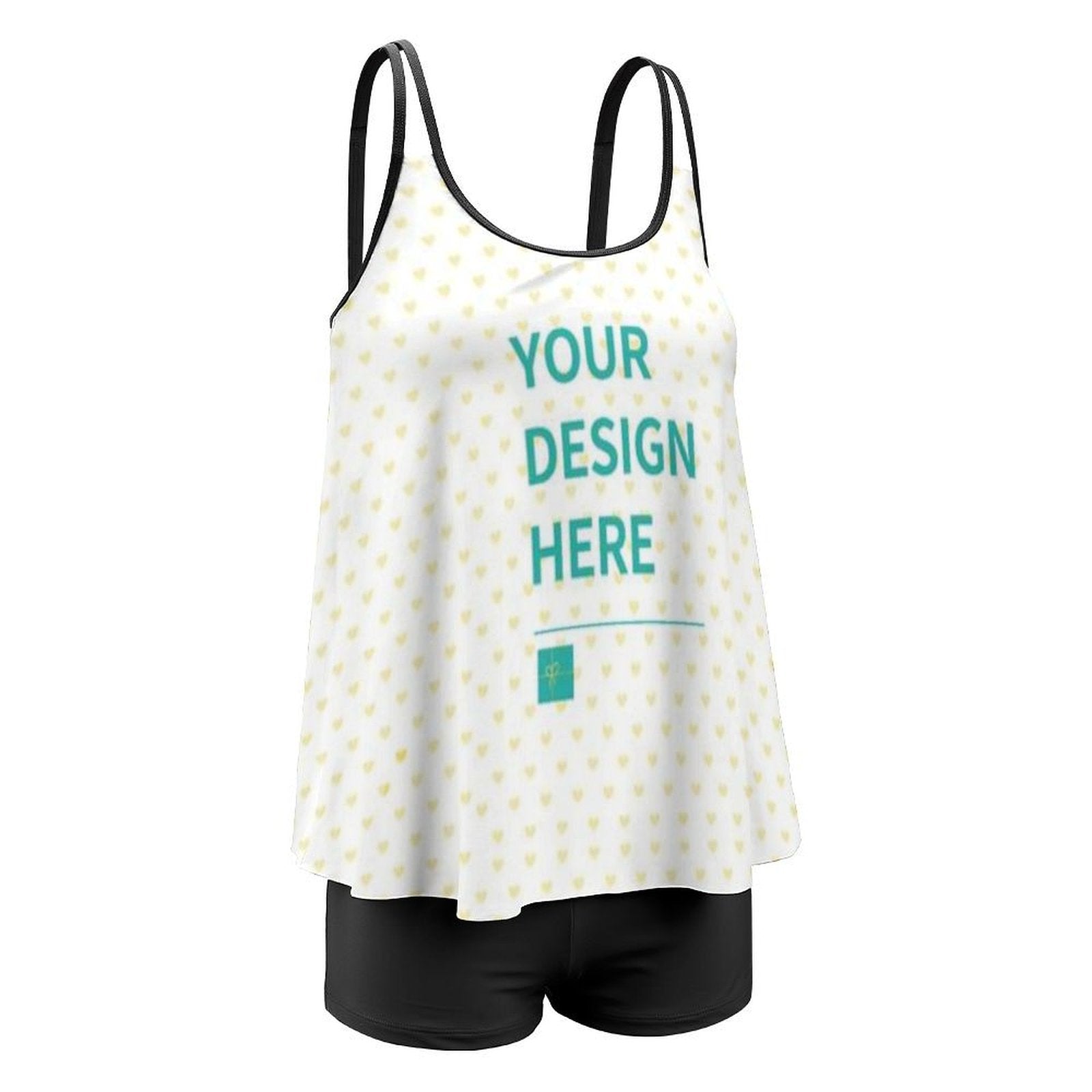 Customizable women's tankini swimsuit, 'YOUR DESIGN HERE' option, black shorts, heart pattern, personalized bathing suit