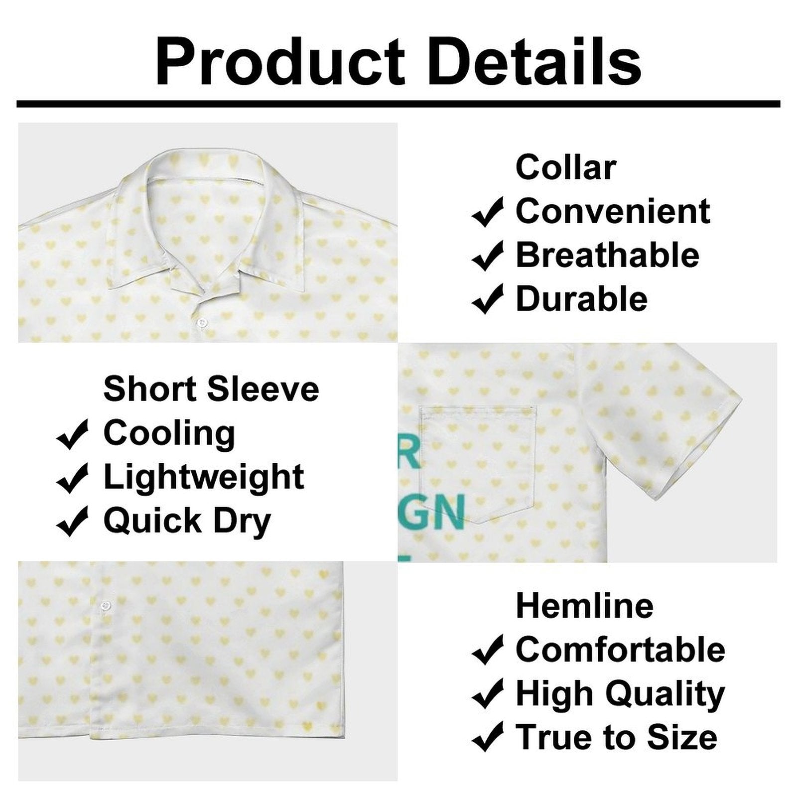 Custom short sleeve shirt details: Breathable, lightweight, comfortable, with yellow heart pattern.