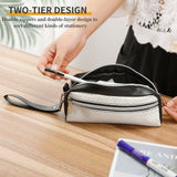 Lychee leather cosmetic bag, two-tier design with double zippers for makeup and stationery