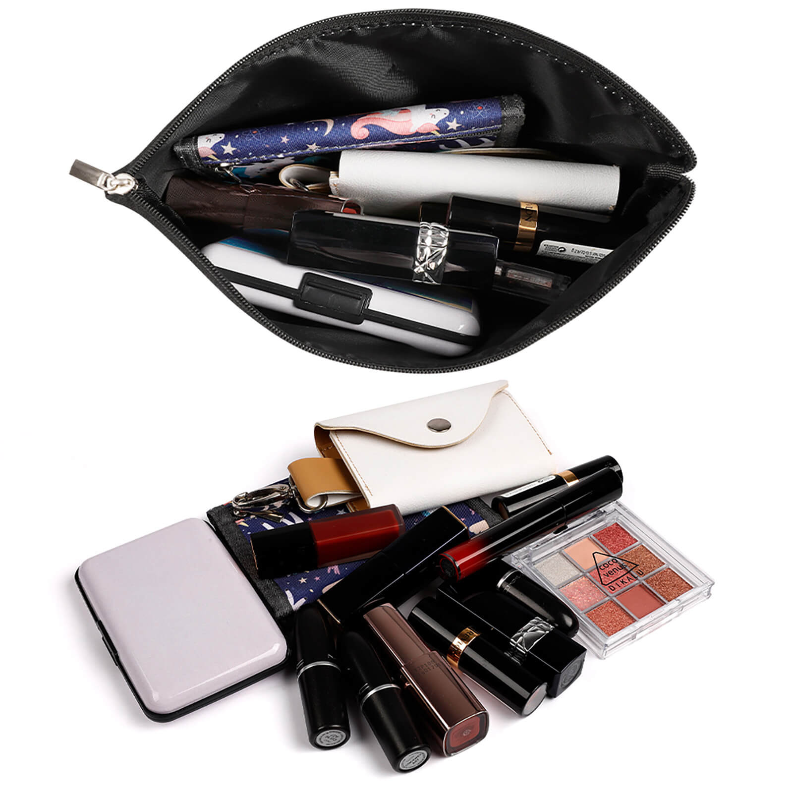 Black PU makeup bag filled with cosmetics. Personalized cosmetic storage bag for women, MyArtsyGift.