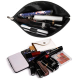Black PU makeup bag filled with cosmetics. Personalized cosmetic storage bag for women, MyArtsyGift.
