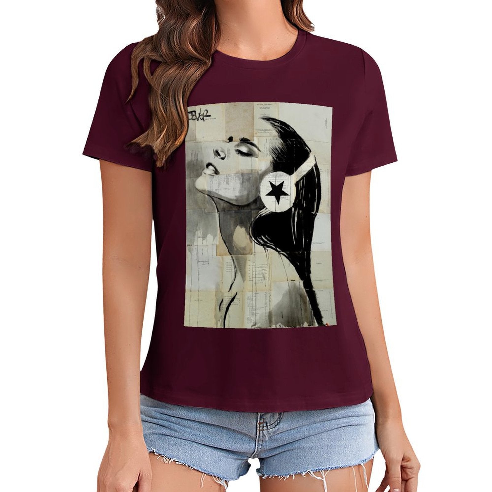 Women's burgundy graphic tee featuring a woman with headphone and star art print; MyArtsyGift.