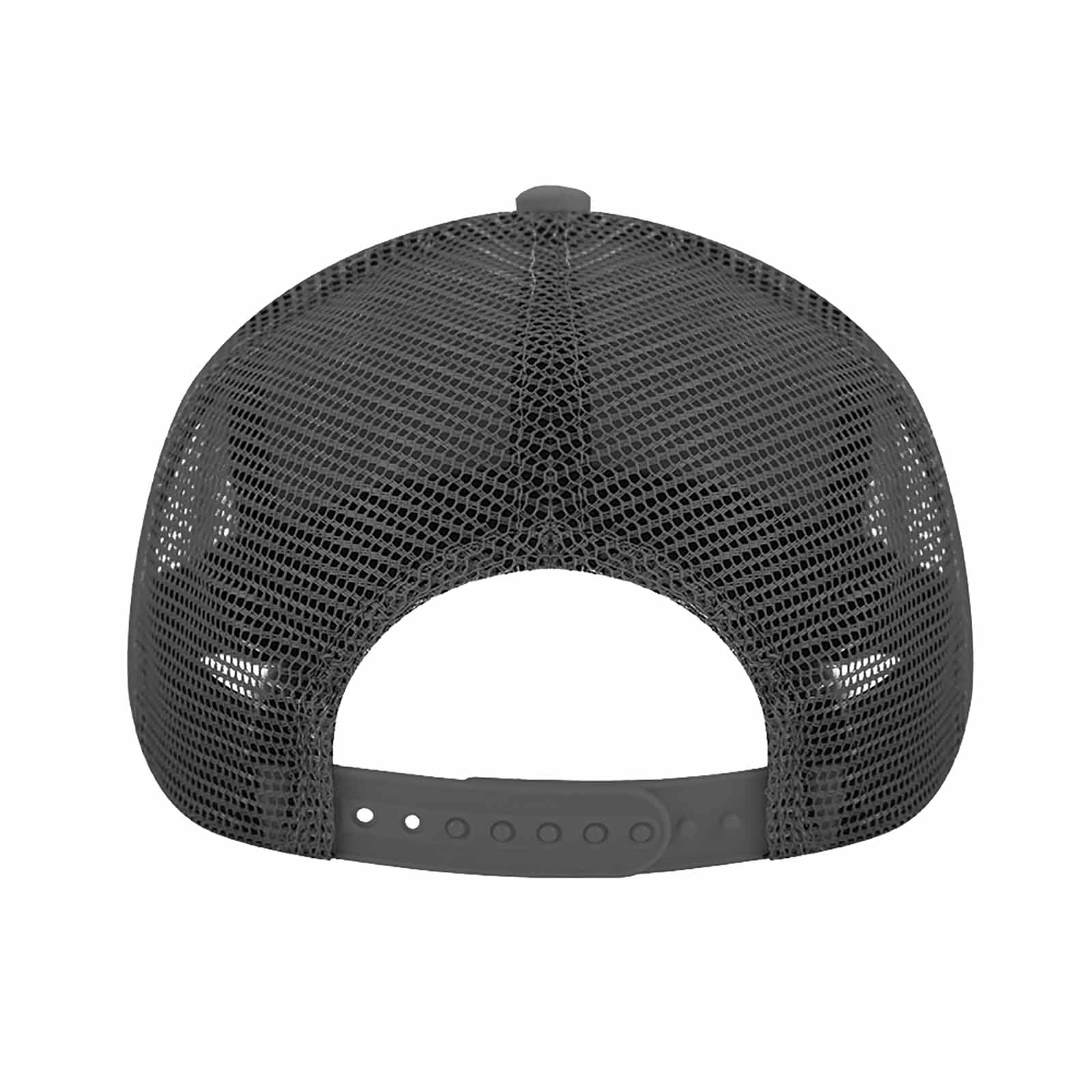 Charcoal gray adjustable trucker hat back view, breathable mesh and snap closure - MyArtsyGift