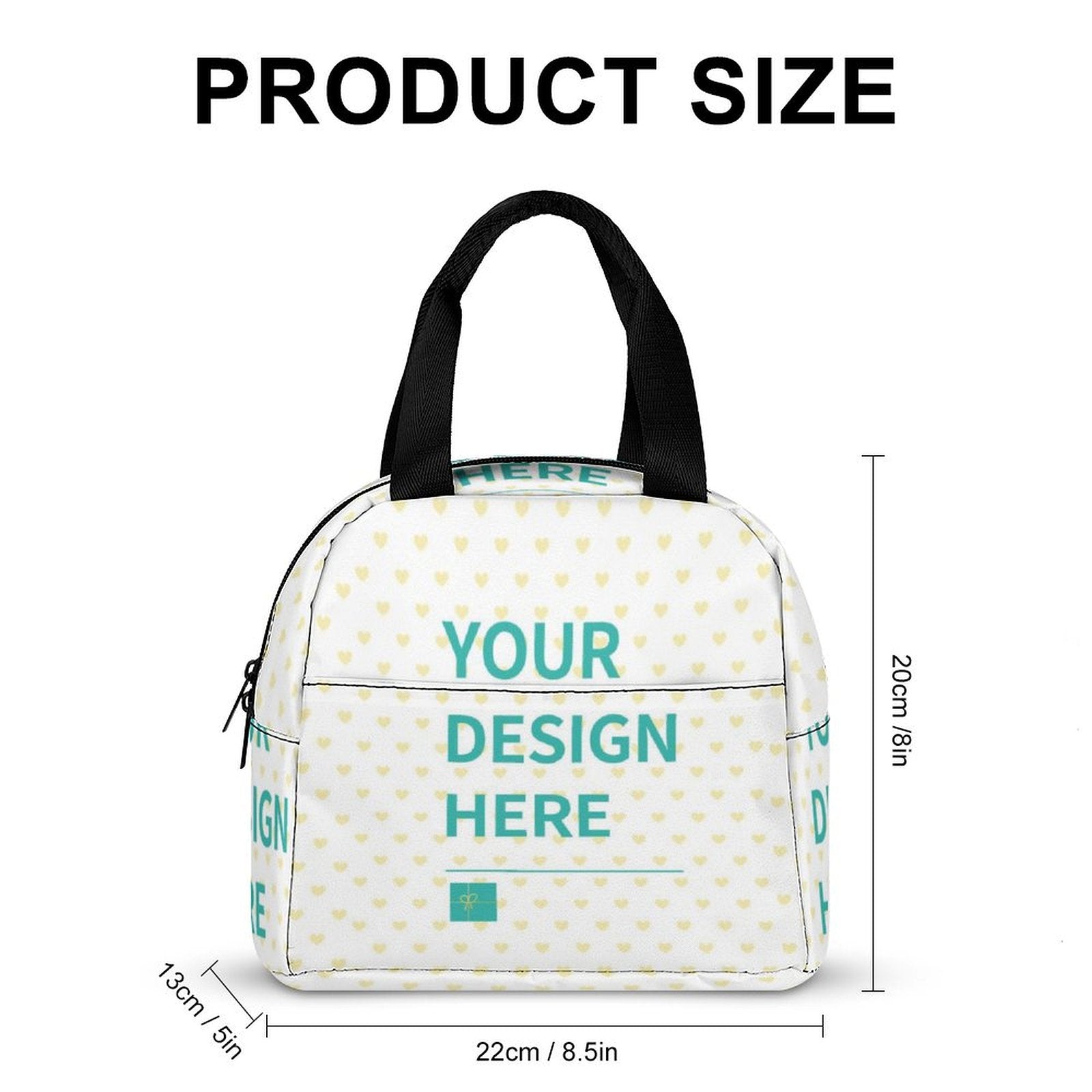 Customizable insulated lunch bag with heart pattern; perfect for work, travel, school. Your design here.
