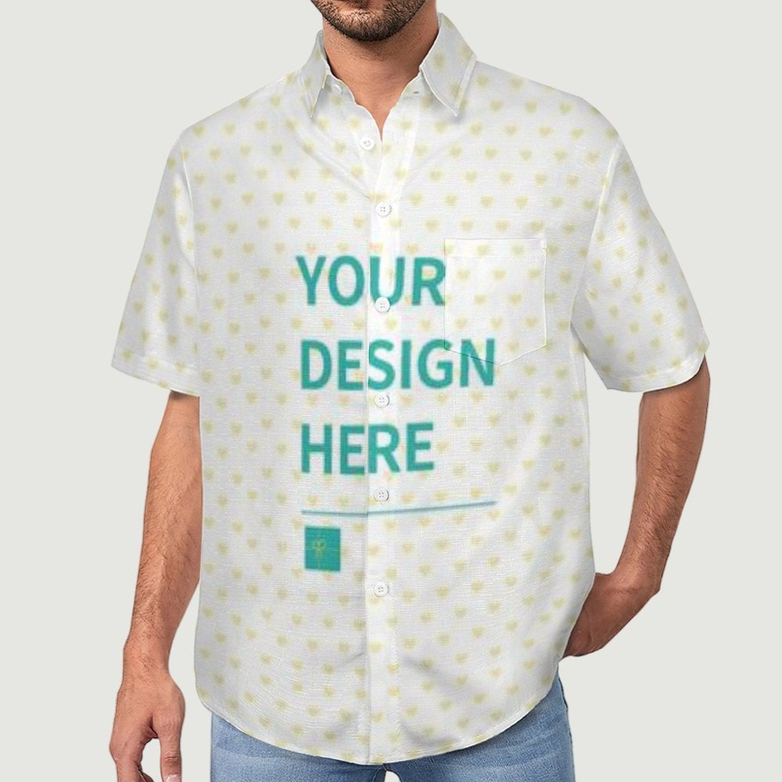 Customizable short sleeve men's button down shirt with heart pattern, featuring 'YOUR DESIGN HERE' text.