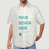 Customizable short sleeve men's button down shirt with heart pattern, featuring 'YOUR DESIGN HERE' text.