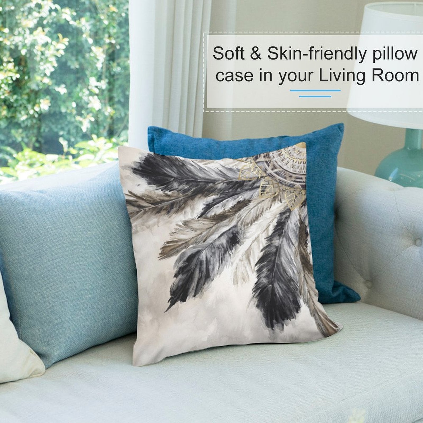 Soft feather design pillow cover, gray and black, perfect for sofa and living room decor. Short plush material.
